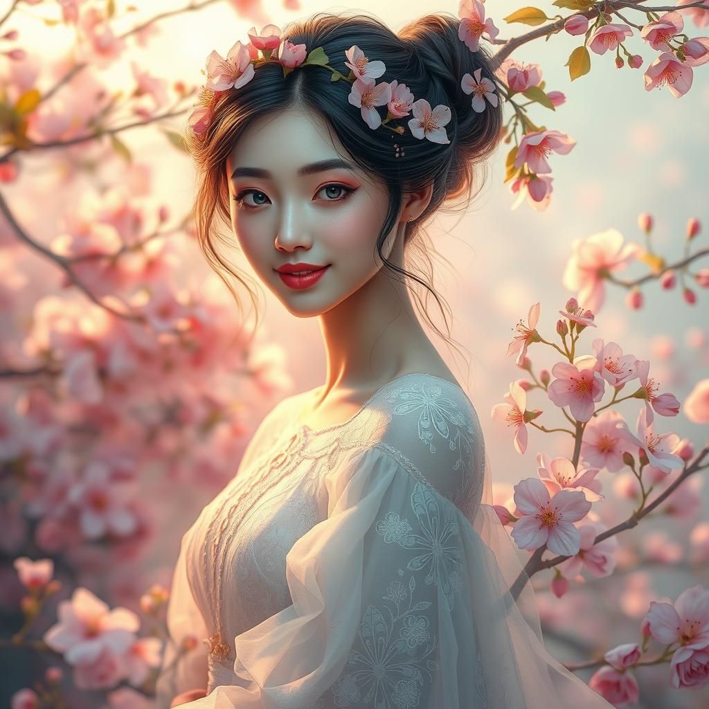 Ethereal Woman in Floral Landscape with Cherry Blossoms