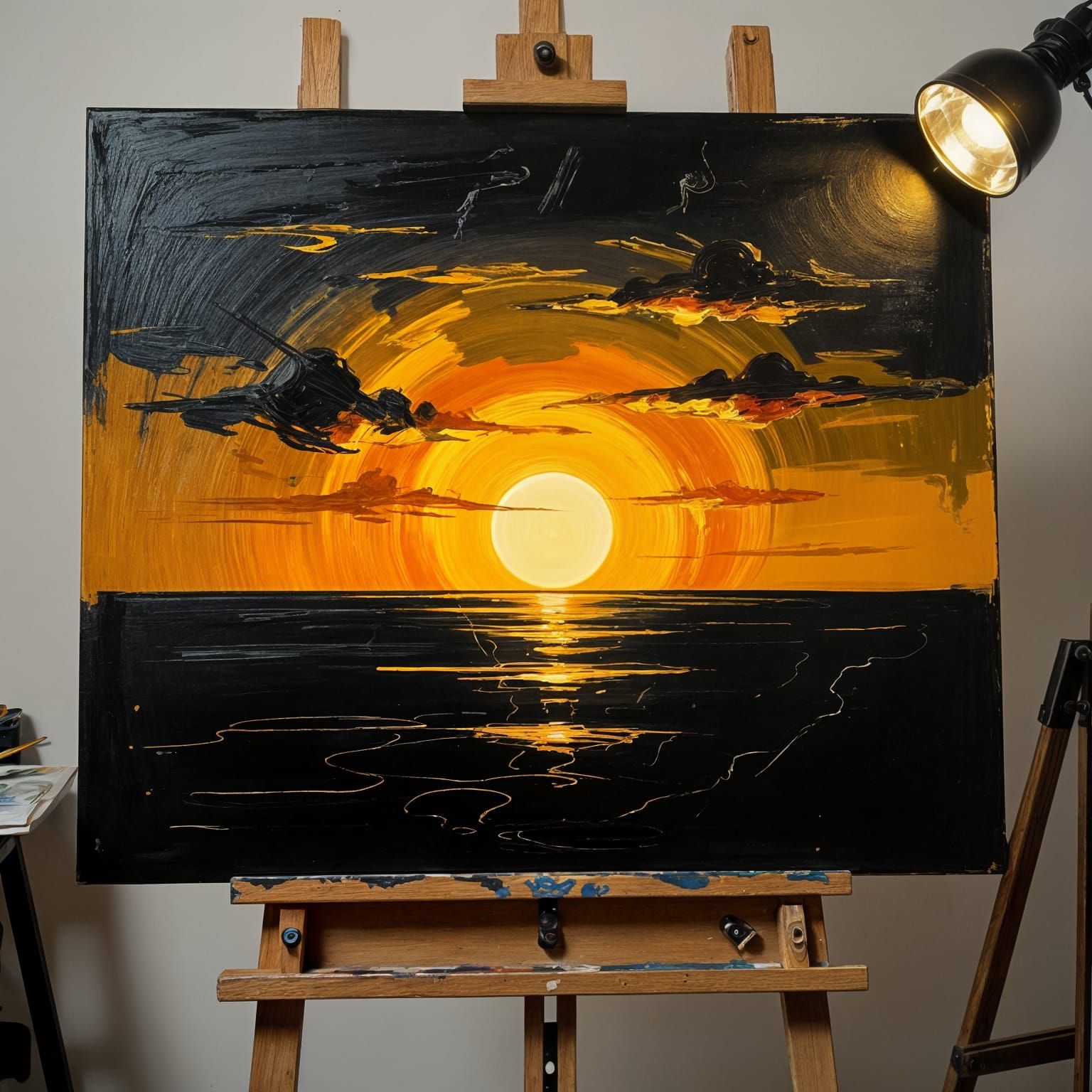 Matte Black Sunset Painting with Golden Highlights