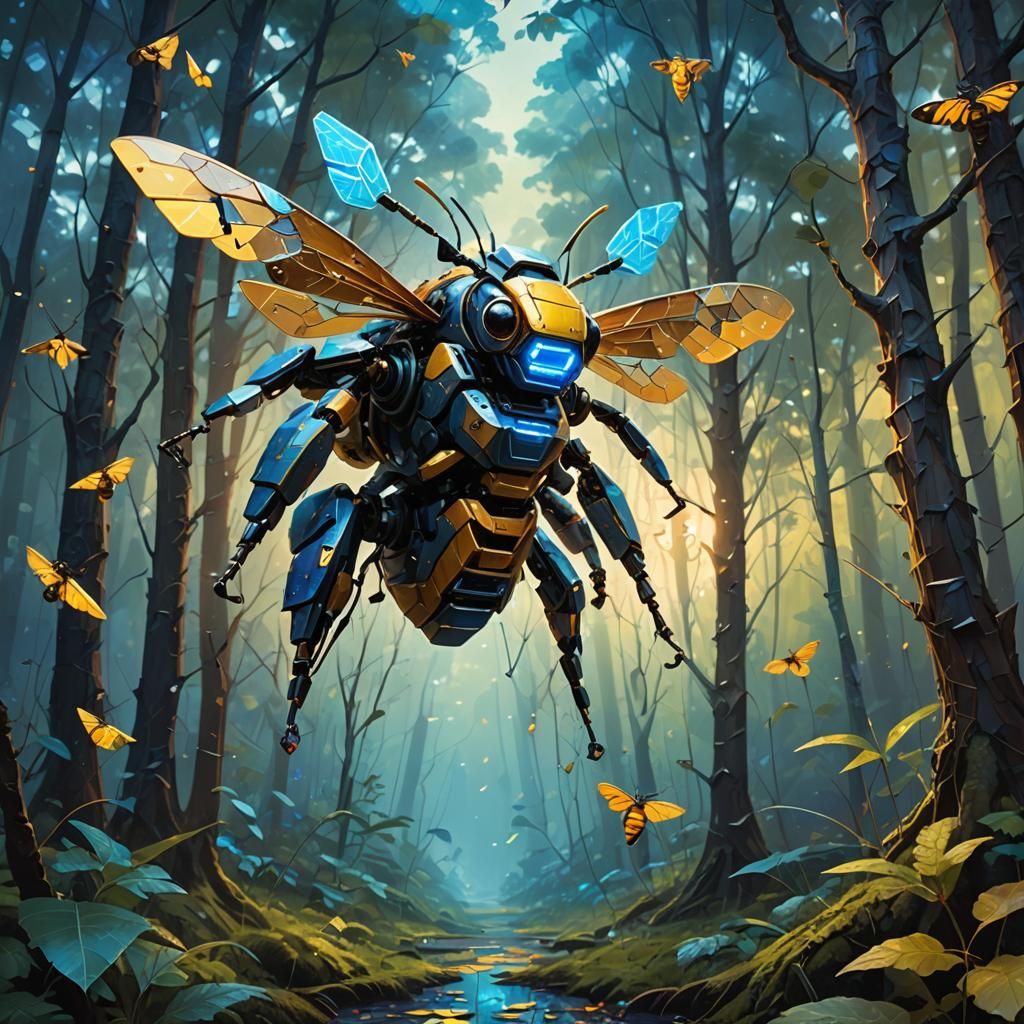 Robot Bee in Mystical Forest: Digital Art