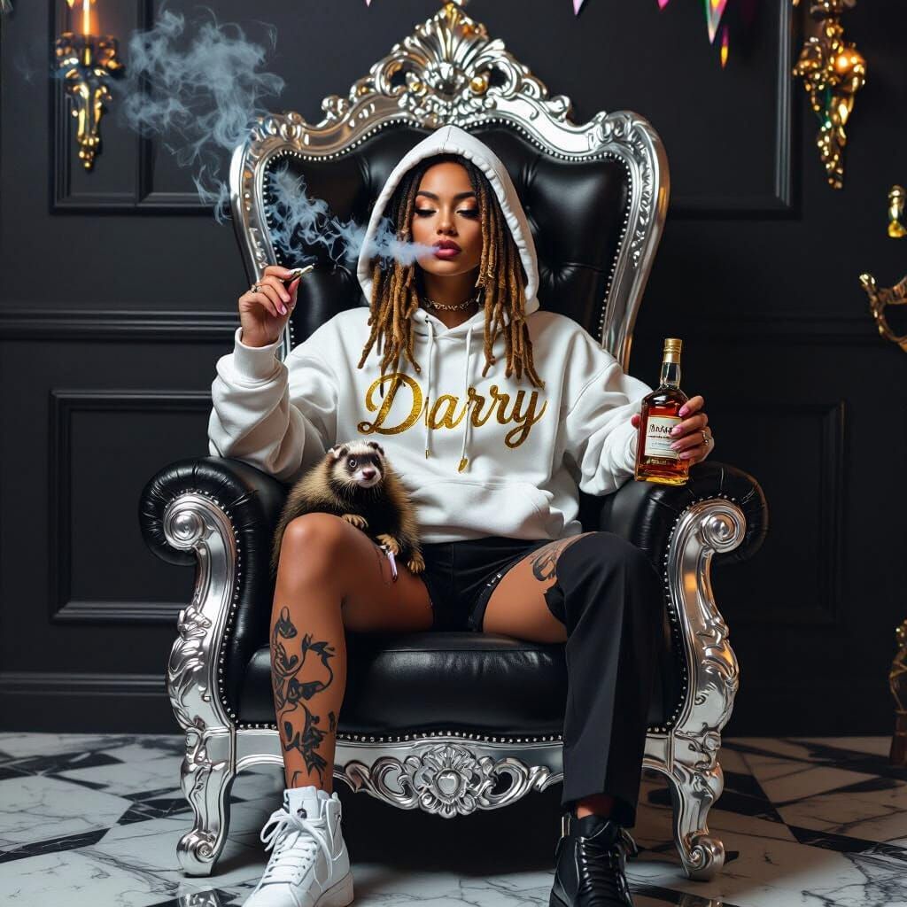 Woman on Throne with Ferret, Detailed Digital Art