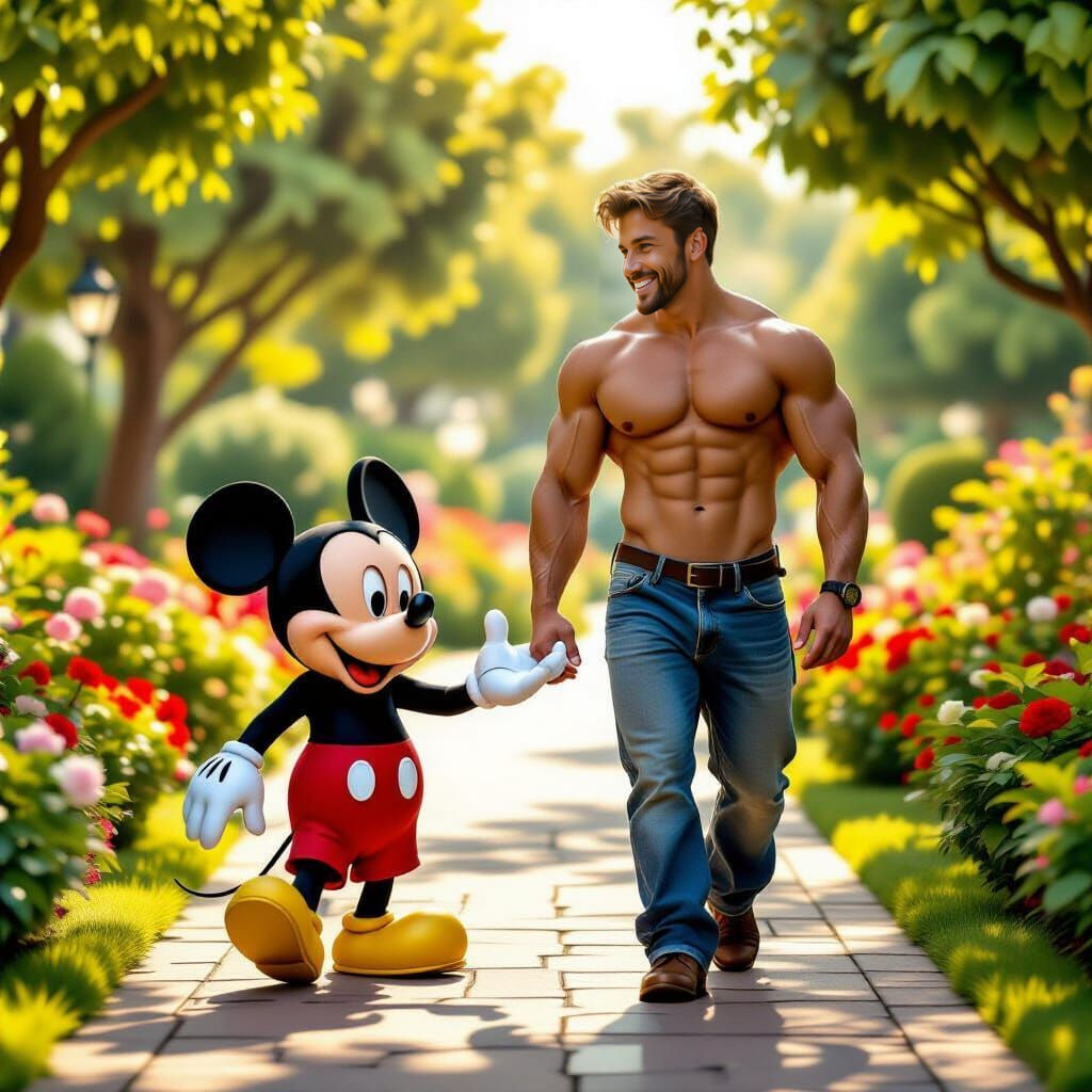 Mickey Mouse and Man in Sunny Garden, 8K