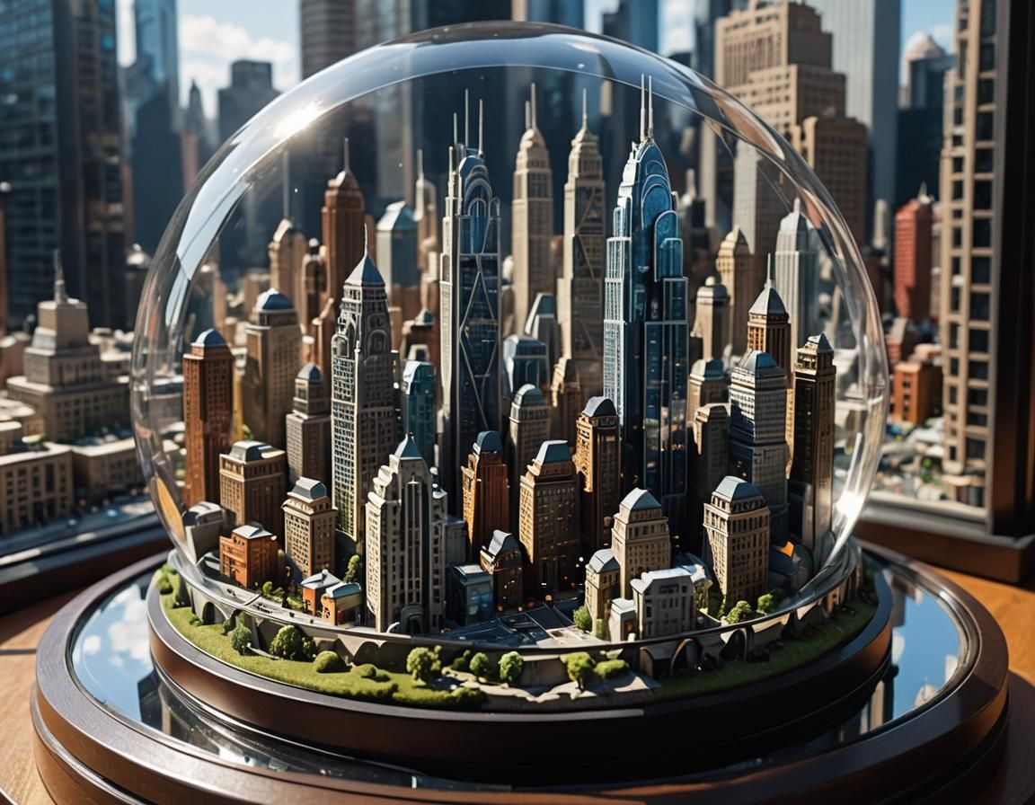 Miniature City in Glass Case, Hyper-Realistic Macro Art