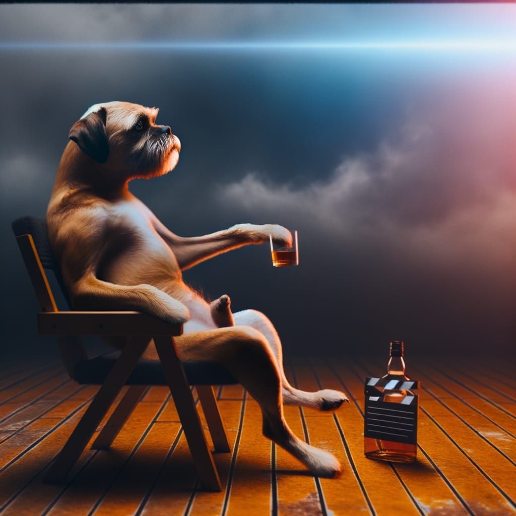 Dog Sits Like Human Drinking Rum in Cinematic Style