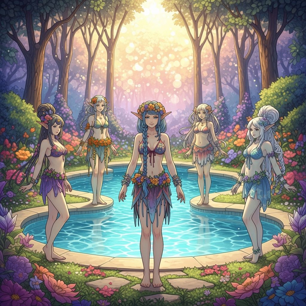 Elves in a Lush Garden, Art Nouveau Style