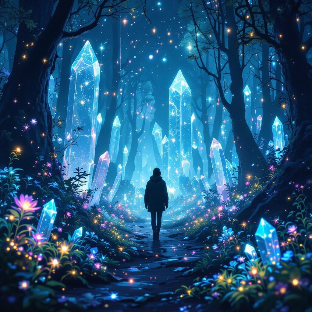 Luminous Crystal Forest with Bioluminescent Flora