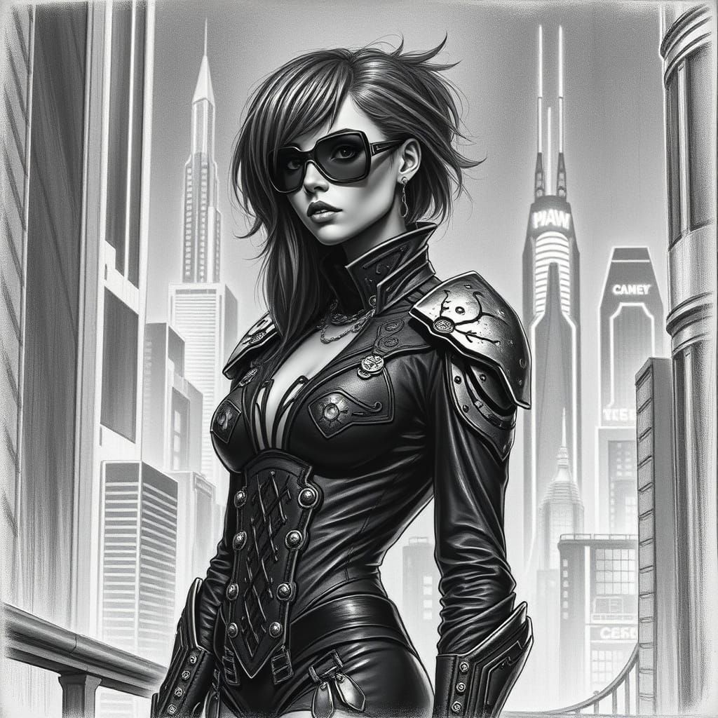 Futuristic Woman in Neon Cityscape, Charcoal Drawing