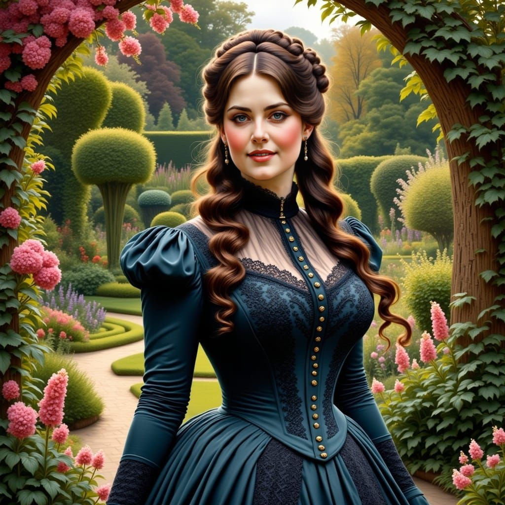 Elegant Victorian Lady in a Whimsical Garden Setting