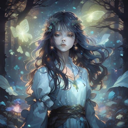 Woman Dances with Mystery Figure in Ethereal Moonlit Forest