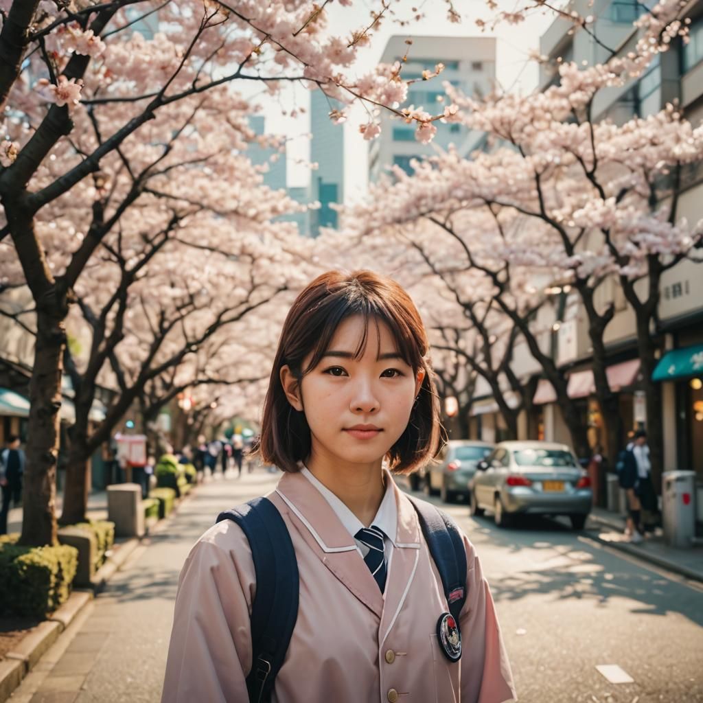 Japanese Schoolgirl Portrait in Tranquil Tokyo Street