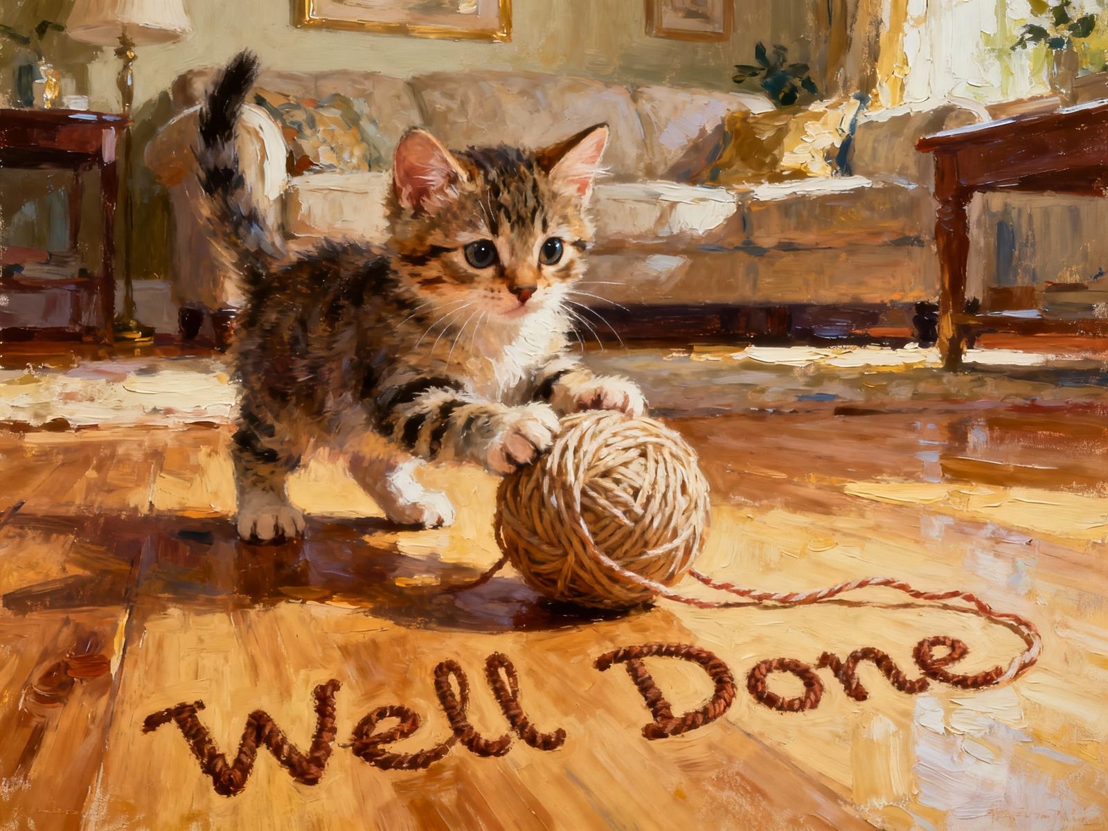 Adorable Kitten Plays With Yarn Spelling 'Well Done' Oil Pai...