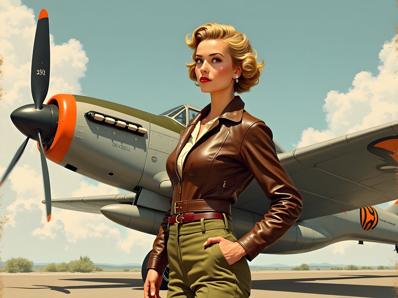 1940s Female Pilot with P-38 Aircraft, Comic Art Style