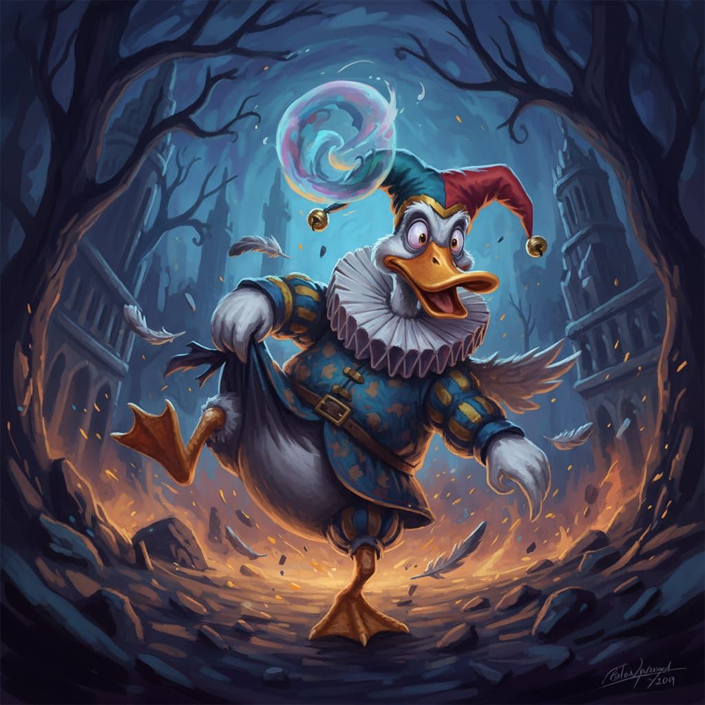 Clumsy Jester Duck in Dramatic Digital Painting