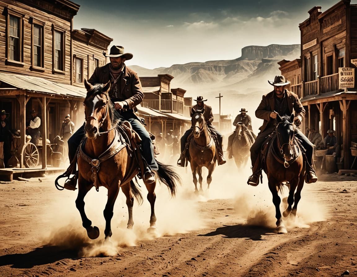 Dramatic Cowboy Gunfight in Dusty Western Town