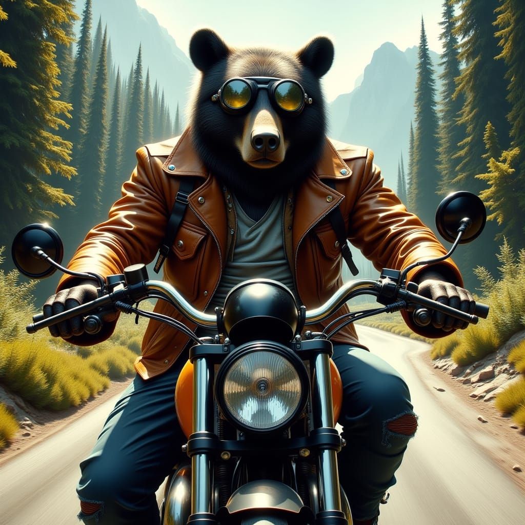 Cyberpunk Bear Speeds Down Mountain Road
