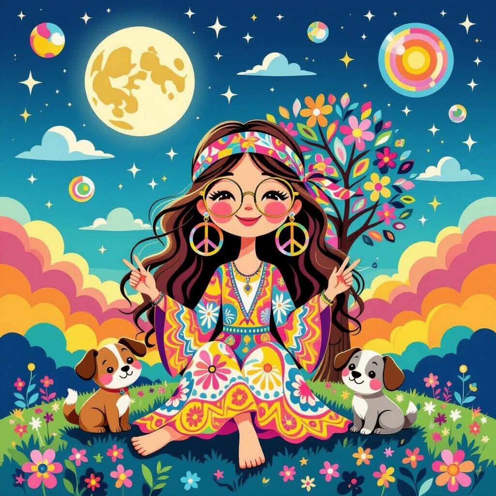 Psychedelic Hippie Girl with Animal Friends in Peter Max Sty...