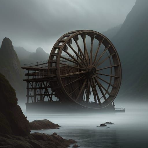 Epic Waterwheel in a Misty, Ancient Valley