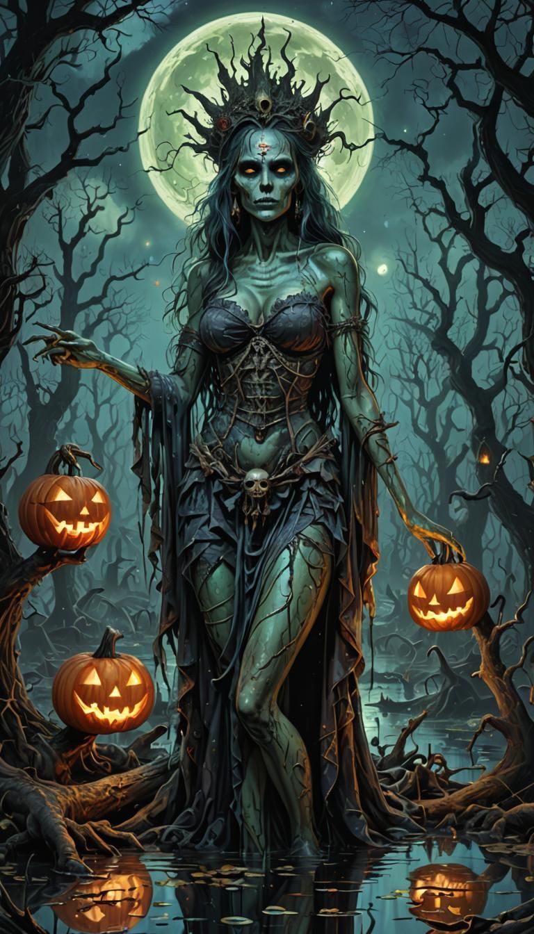 Voodoo Swamp Horror Pinup in Mixed Media Style