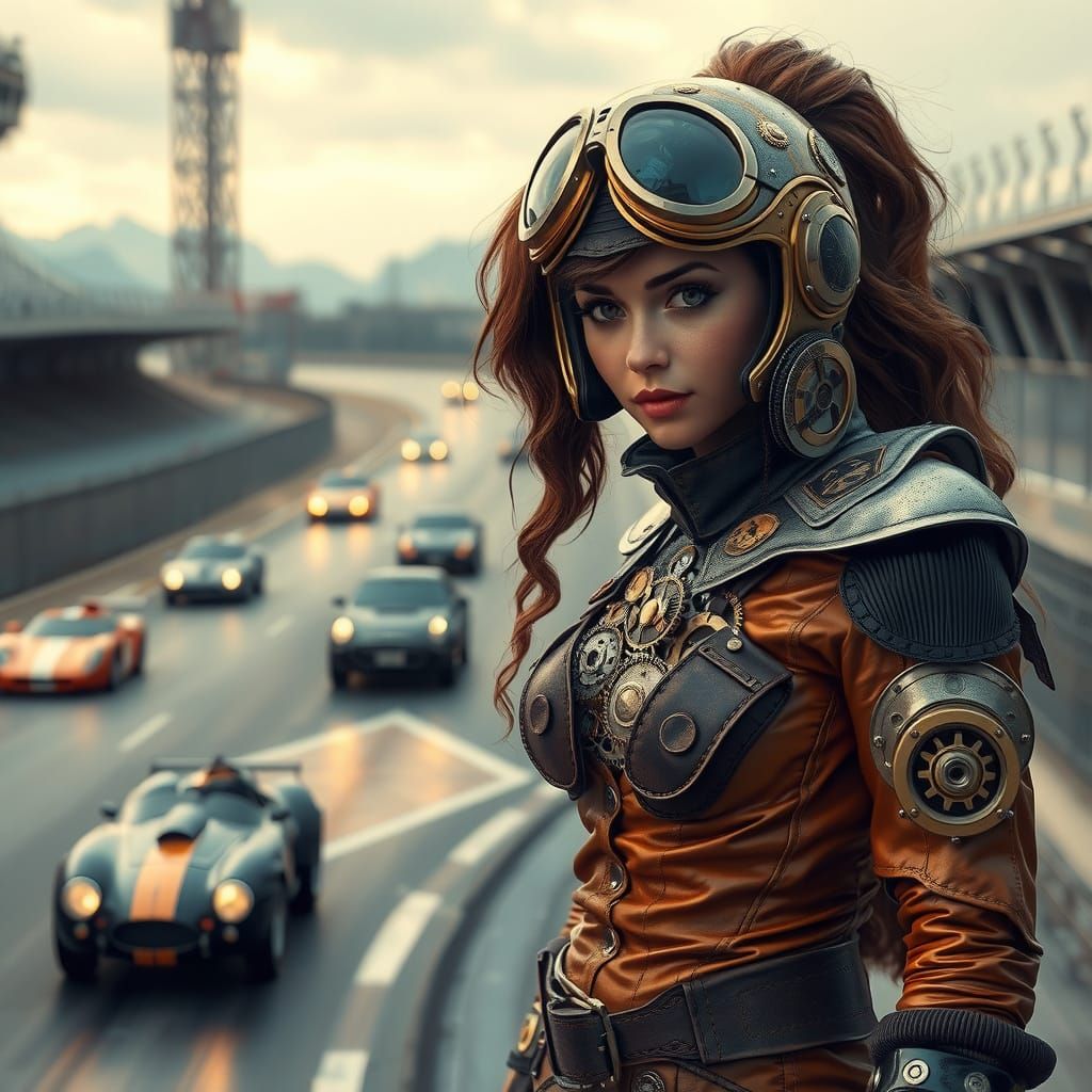 Elegant Steampunk Superhero on Modern Racetrack