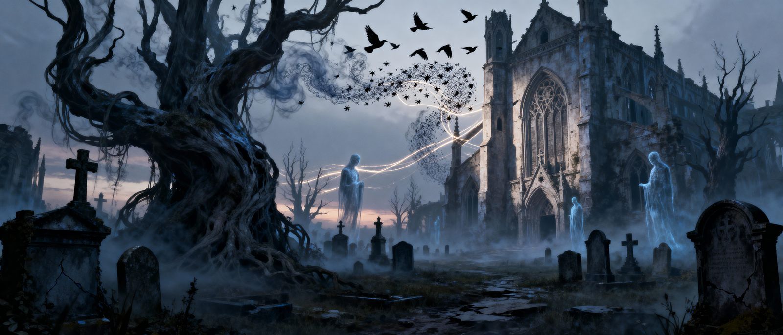 Eerie Gothic Cemetery at Dusk with Fog and Spectral Souls