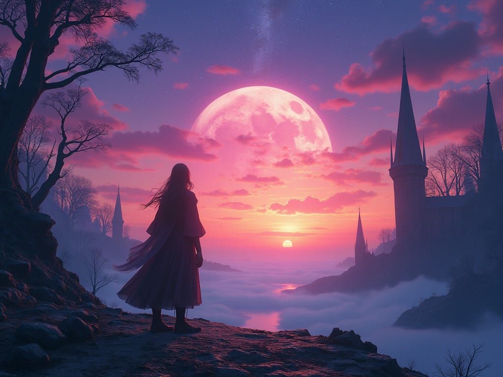 Mystical Sunset Convergence: Eerie Fantasy Realm