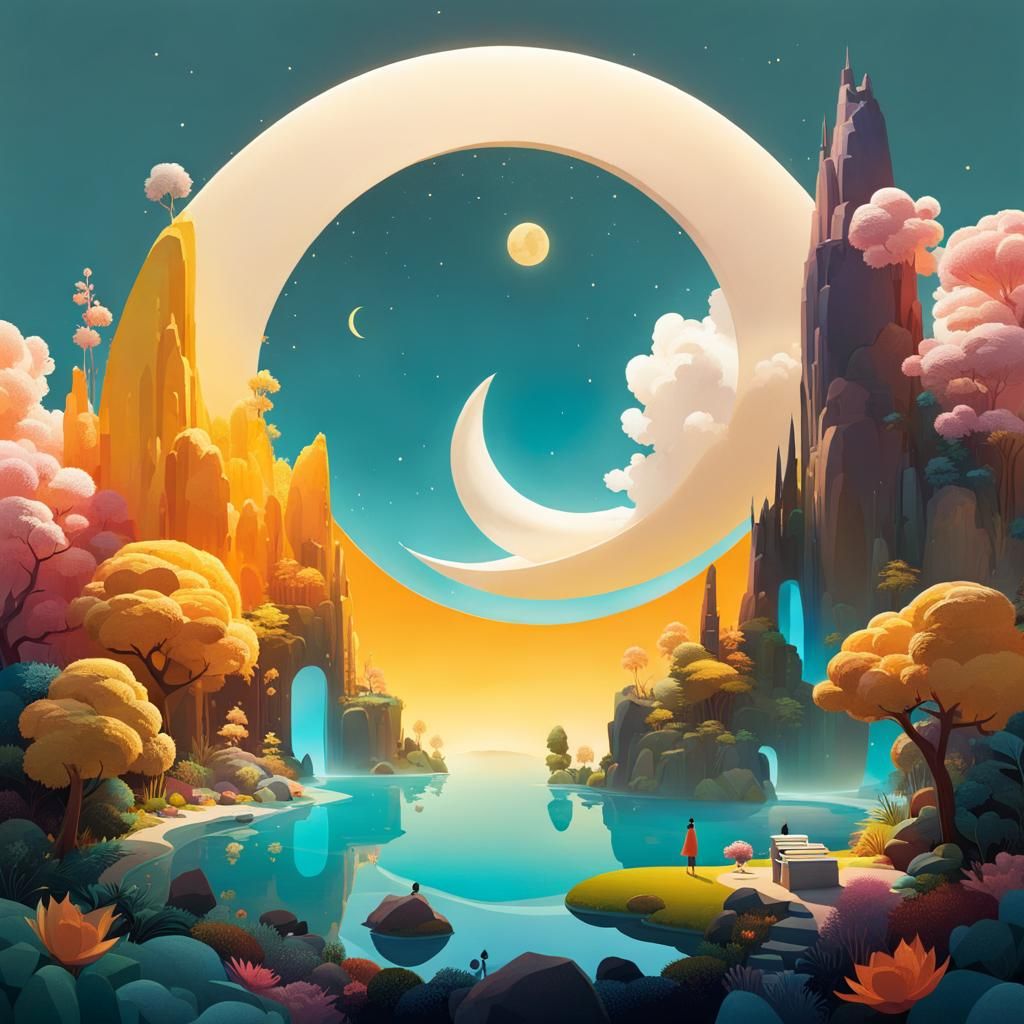 Whimsical 3D Half Moon in Abstract Style