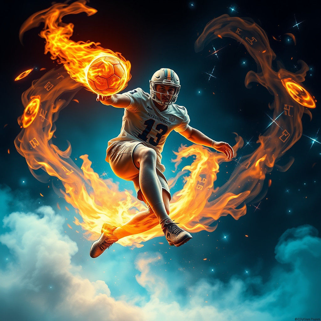 Football Player Juggling Fireball in a Vortex