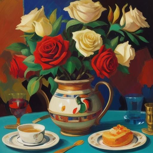 Cubist Still Life: Rose and Frog in Fauvist Colors