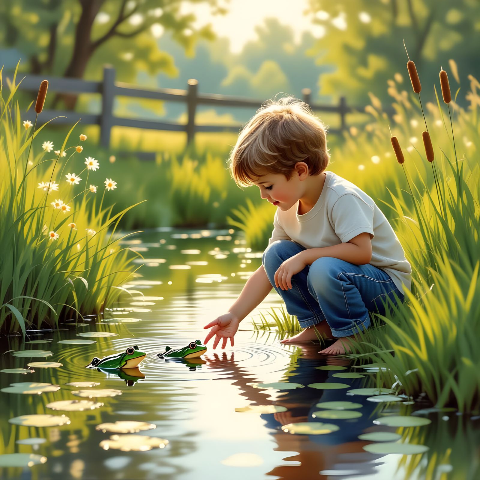 Childhood Wonder: Boy Catches Frogs by Pond