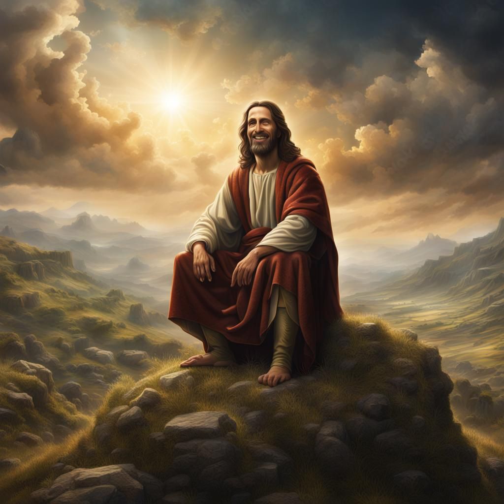 Smiling Jesus Christ at Sermon on the Mount