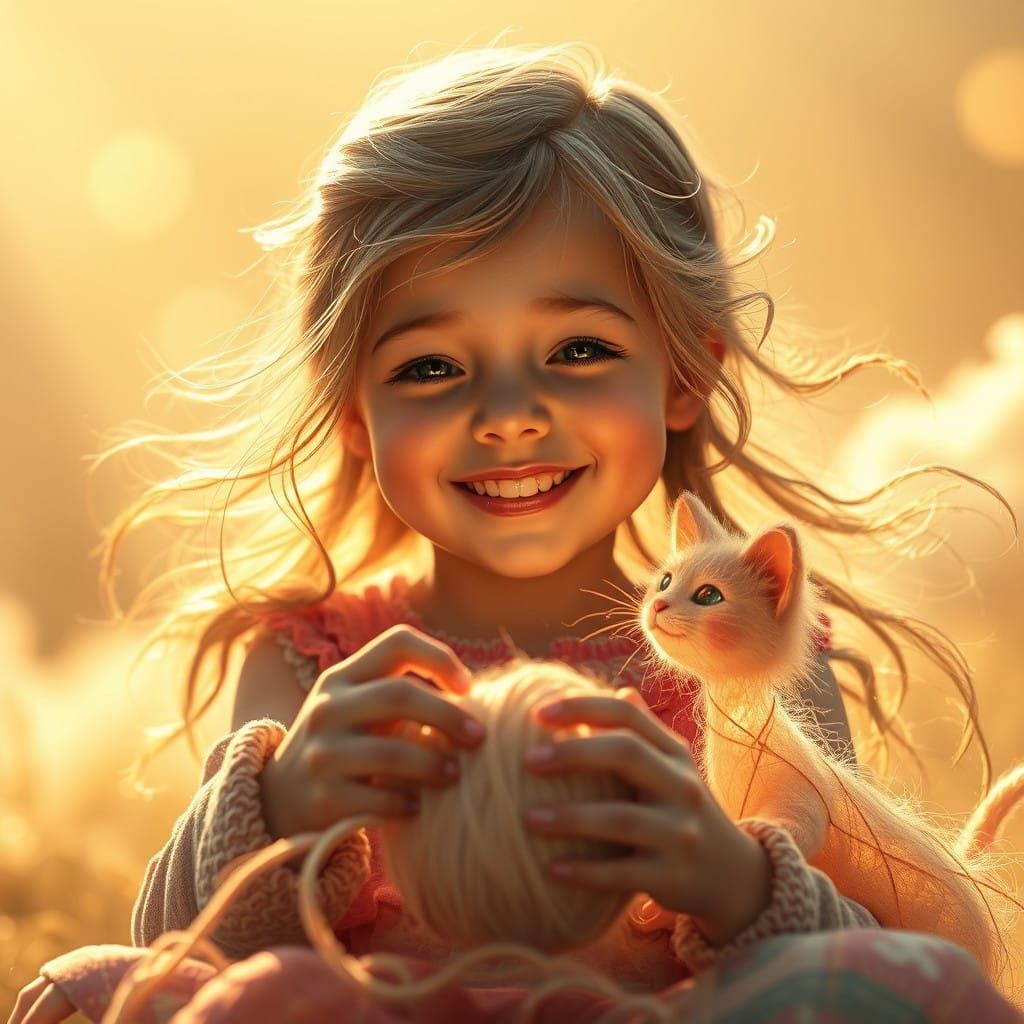 Sunny Girl Plays with Luminous Feline in Whimsical Atmospher...