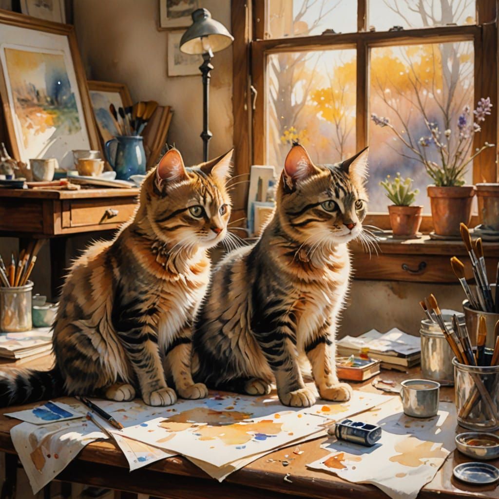 Whimsical Studio Scene with Two Kittens and an Artist