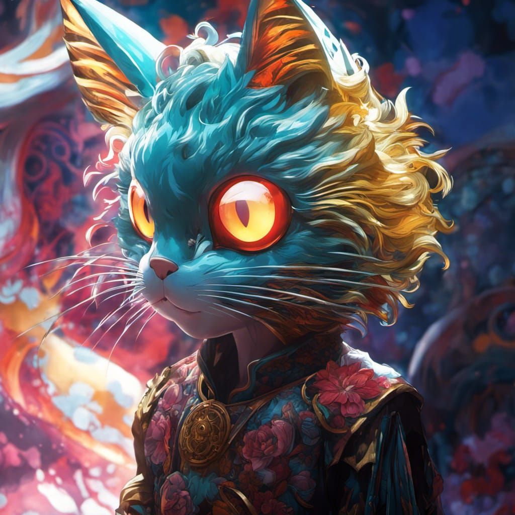 Beautiful Asian Neko Yokai in Art Nouveau Style