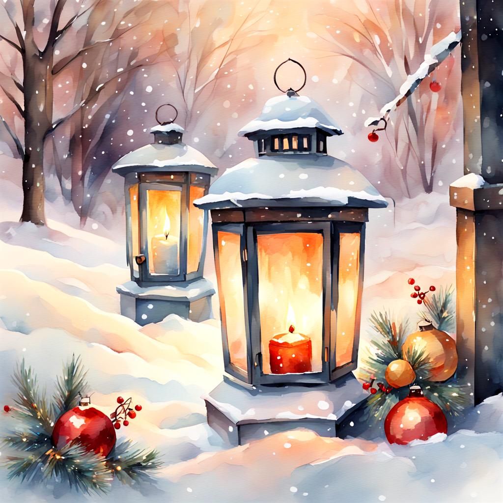 Winter Wonderland with Watercolor Lanterns