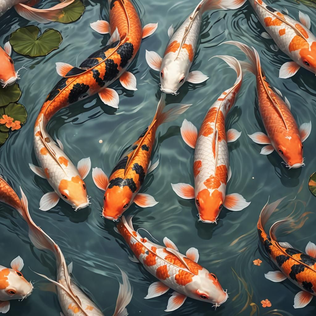 Hyper Realistic Digital Artwork of Serene Koi Fishes in a Tr...