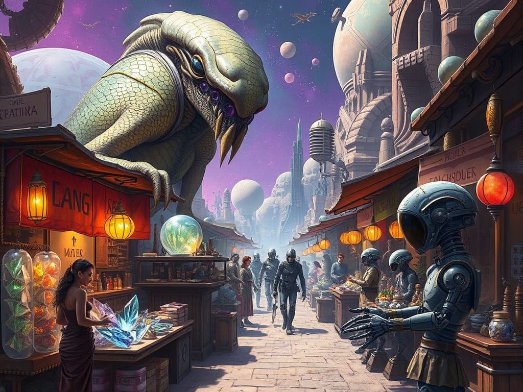 Bustling Alien Marketplace with Exotic Wares
