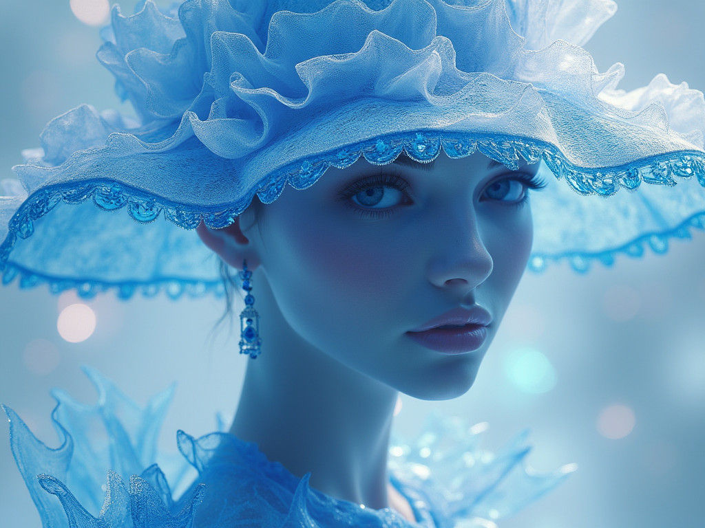 Girl in Enormous Hat with Blue Contours