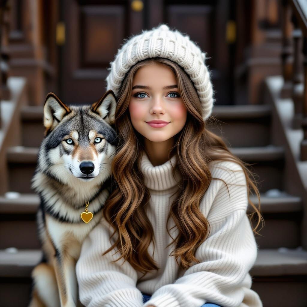 Girl with Wolf Pup Outside Victorian Orphanage