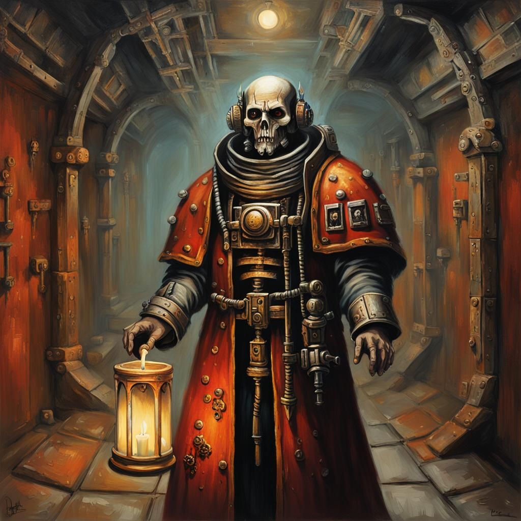Tech Priest with Candle, Renaissance Oil Painting Style