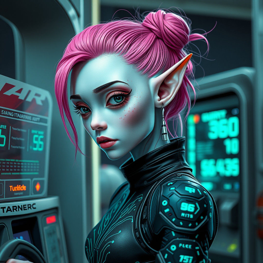 Alien Elf Refuels Spaceship in Futuristic Gas Station