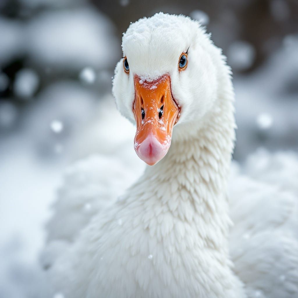 Snowy Goose Portrait in Realistic Winter Scene