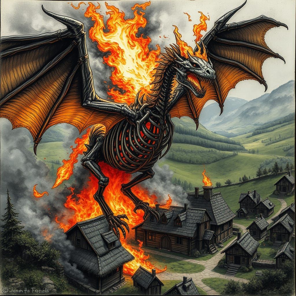 Skeletal Dragon Unleashes Inferno Upon Medieval Village