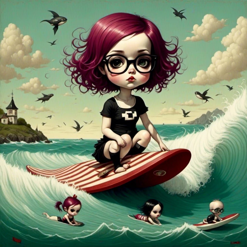 Goth Emo Girl Surfing in Pop Surrealist Style