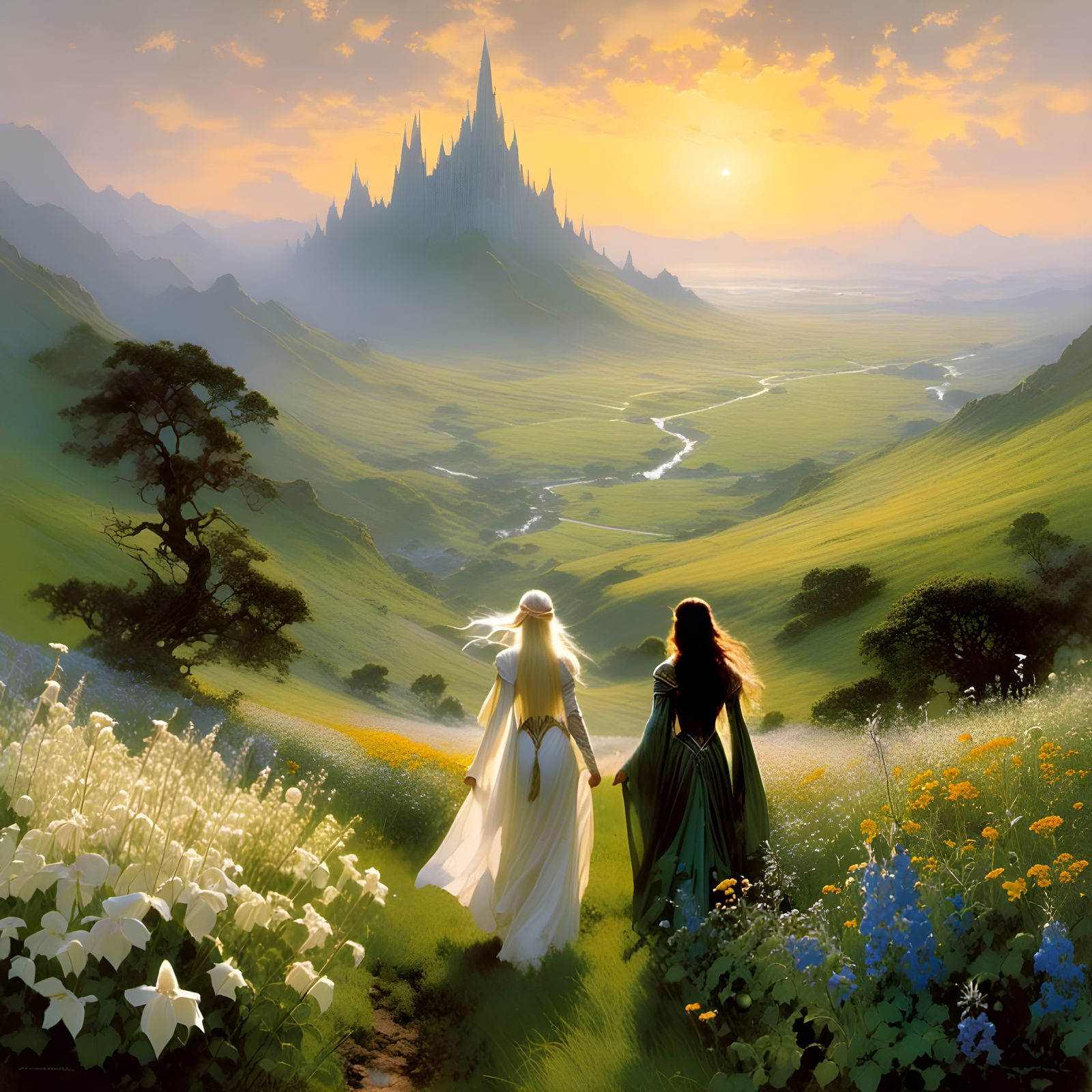 Elven Maidens in Wildflower Meadow at Sunrise
