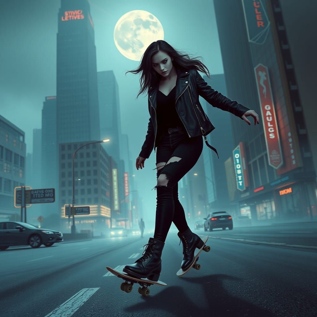 Modern Vampire Skating Under Neon Skies