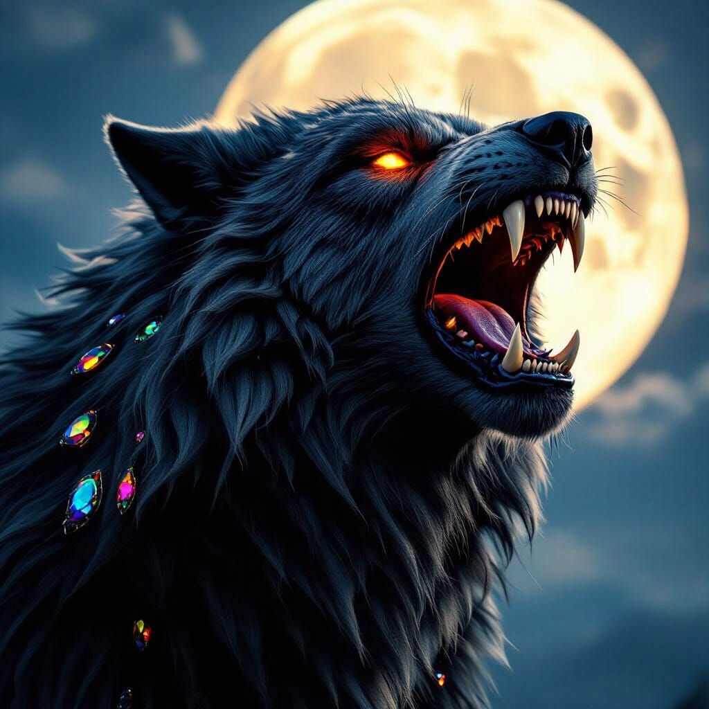 Fenrir Howling at Moon with Fiery Eyes and Gemstone Teeth