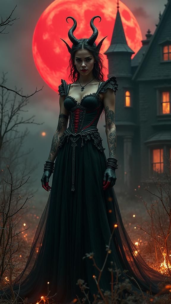 Young Devil Woman in Front of Haunted House