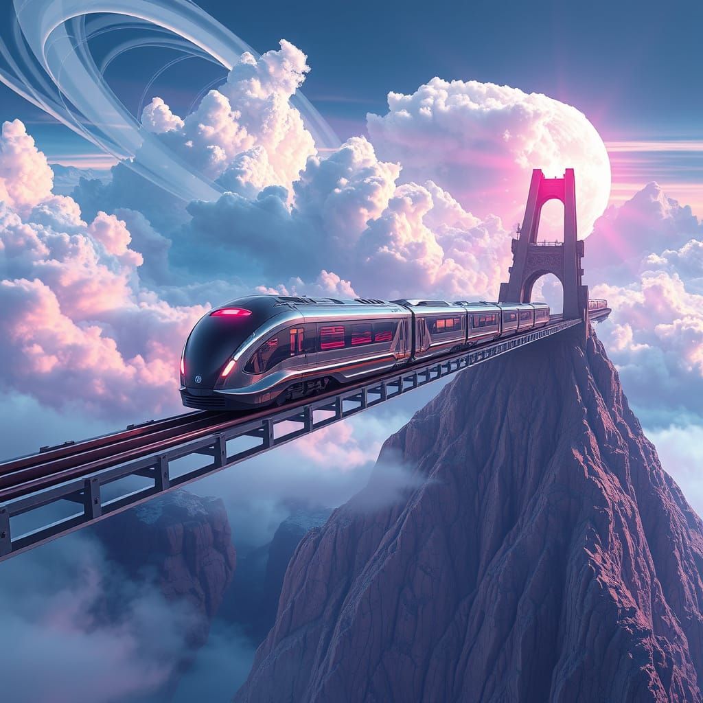 Gleaming Sci-Fi Train Speeds Across Surreal Landscape Bridge