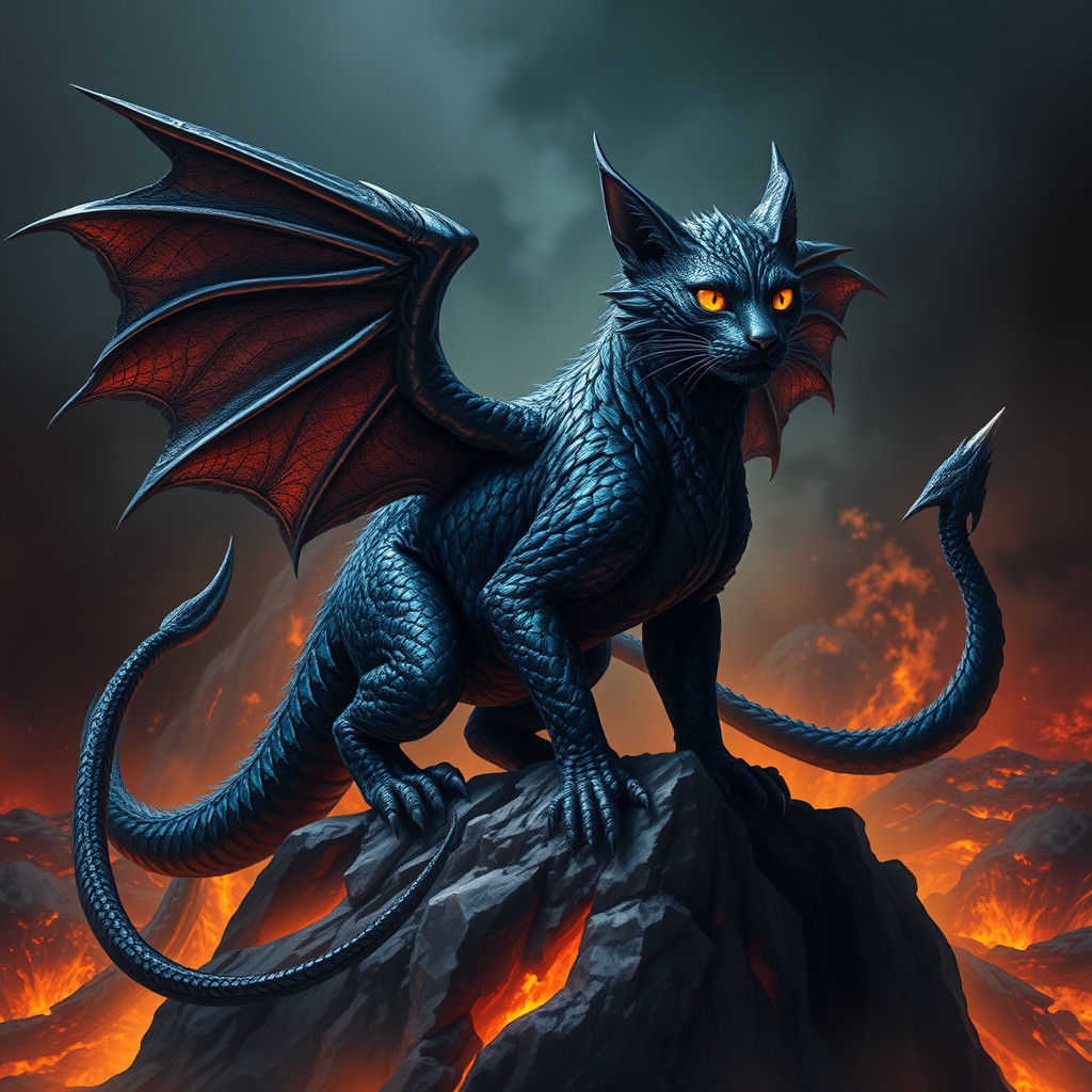 Ebony Cat-Dragon Hybrid in Infernal Landscape