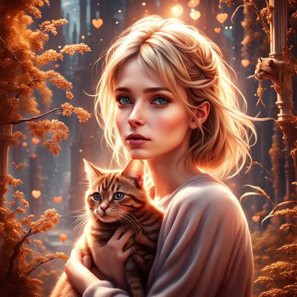 Blond Girl and Cat in Detailed Fantasy Art