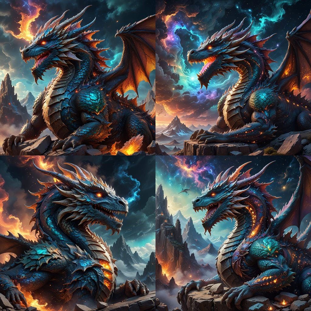 Majestic Dragon on Ancient Mountain, Cosmic Concept Art